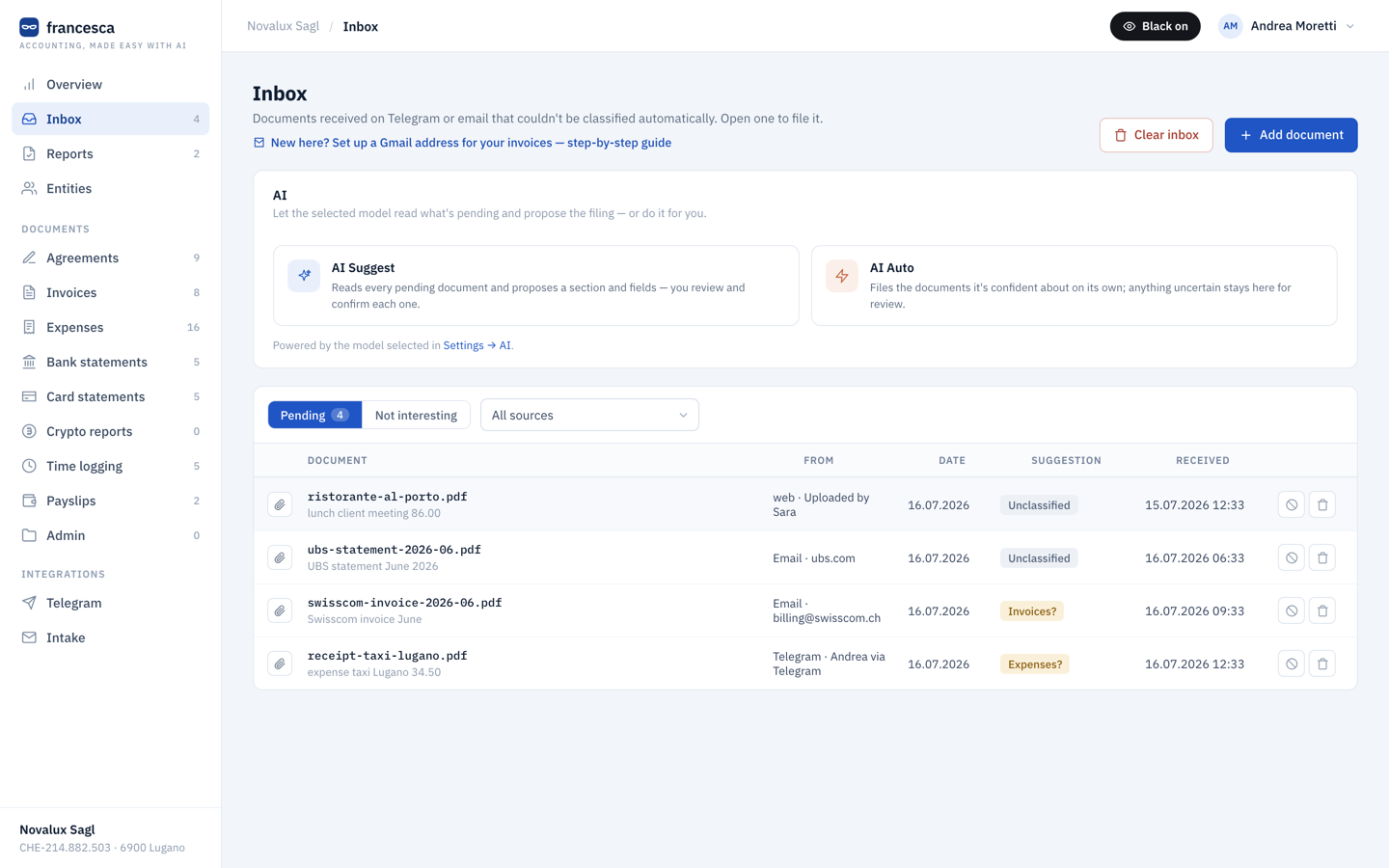 The francesca Inbox: pending documents from Telegram, email and web, each with an AI filing suggestion